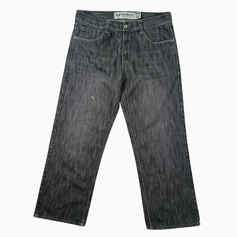 Avirex Jeans Mens 36x32 Charcoal Grey Y2K Loose Wide Leg Embroidered Distressed